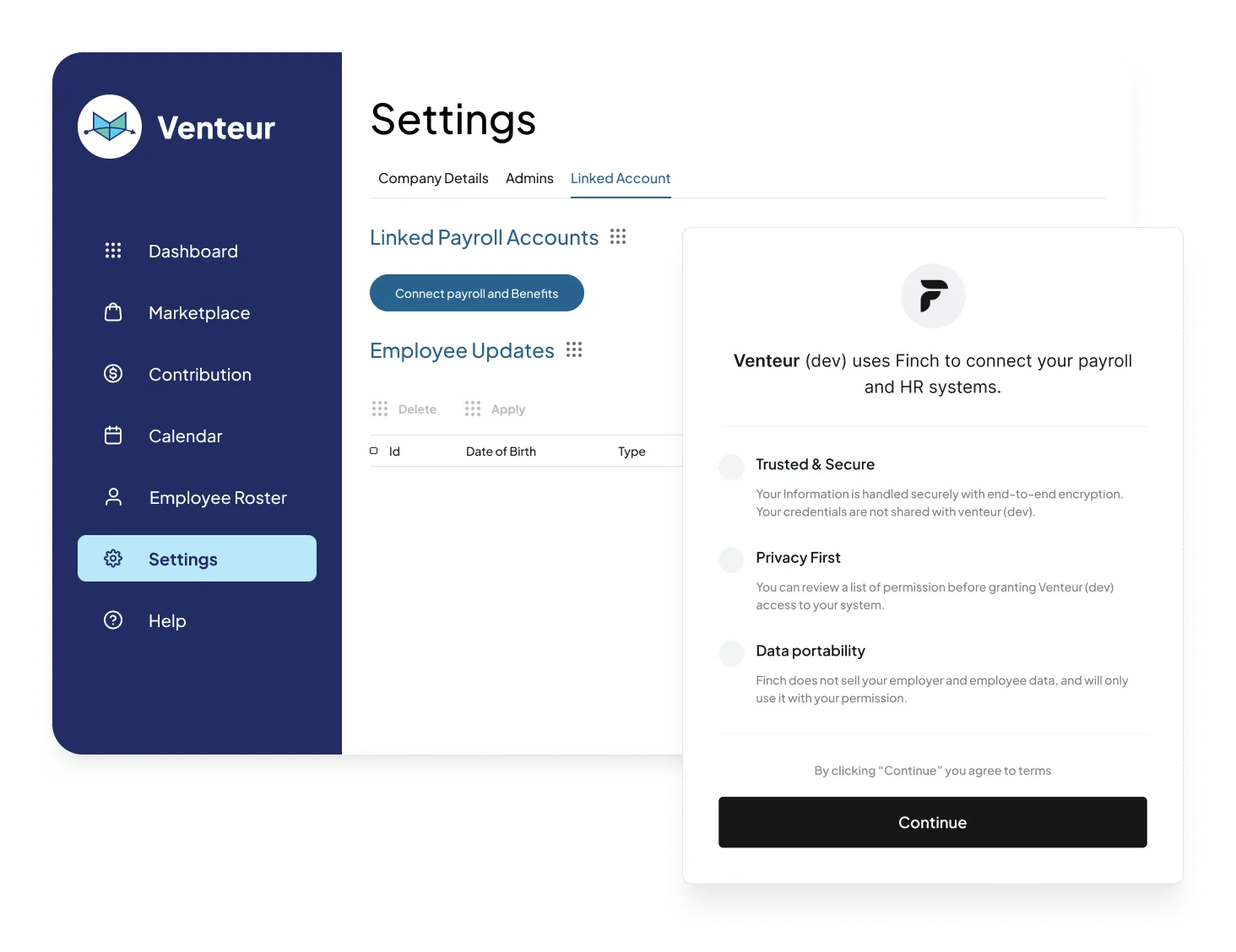 Screenshot of the integration dashboard for the Venteur application